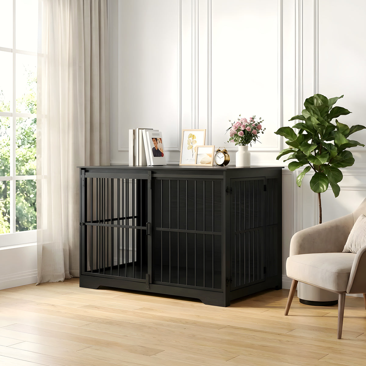 Cage meuble noire en bois massif pour chien