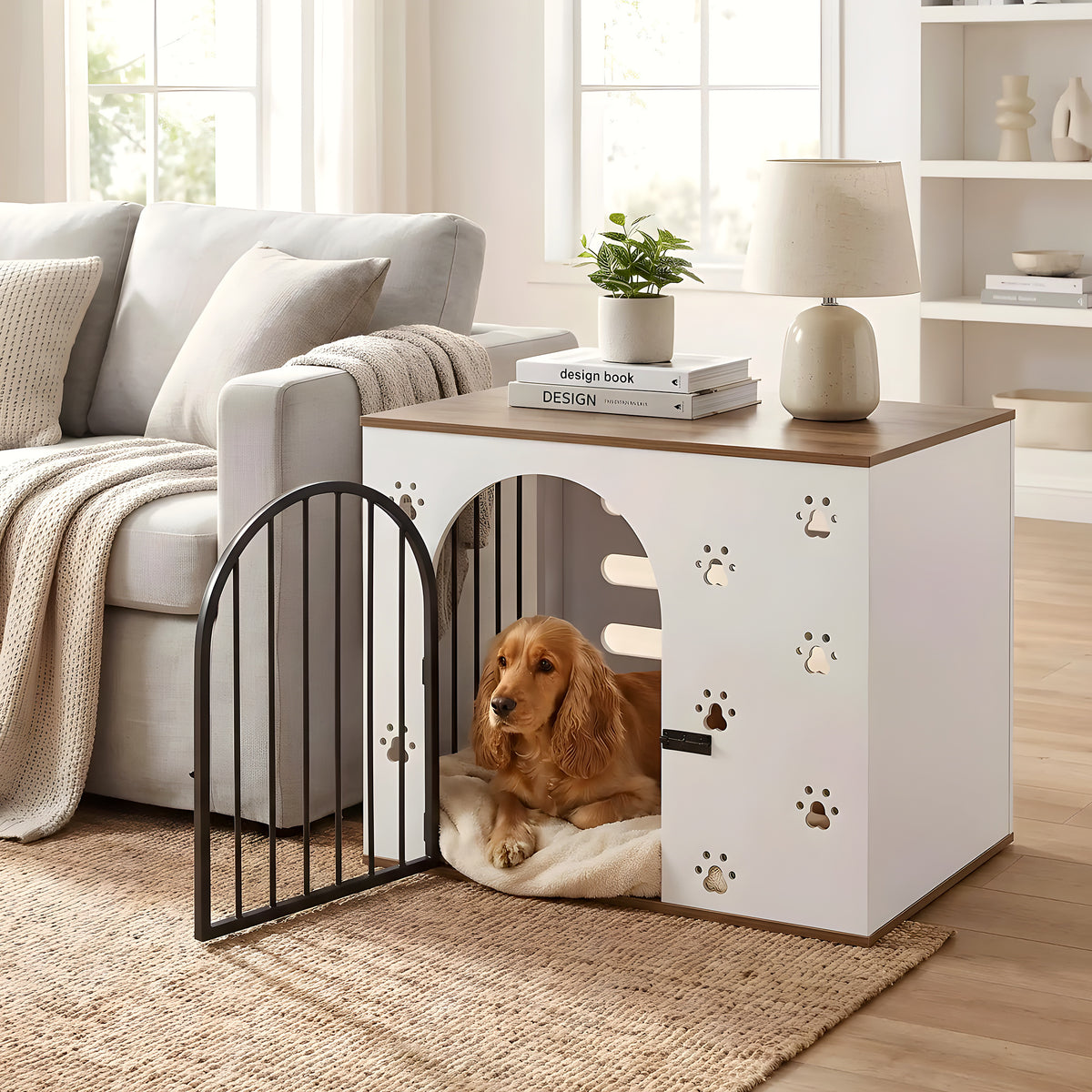 Cage-niche en bois blanc avec 2 gamelles inox