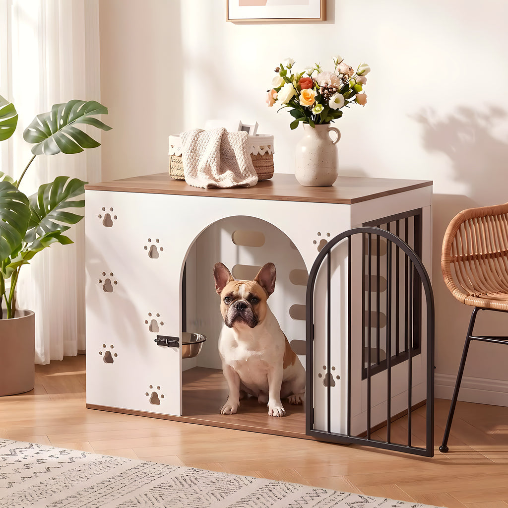 Cage-niche en bois blanc avec 2 gamelles inox