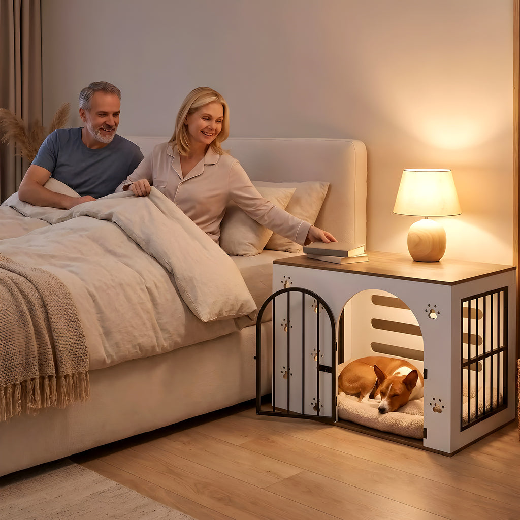 Cage-niche en bois blanc avec 2 gamelles inox