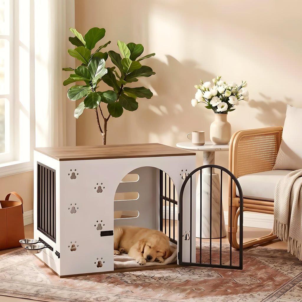Cage-niche en bois blanc avec 2 gamelles inox