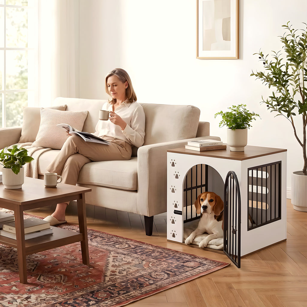 Cage-niche en bois blanc avec 2 gamelles inox