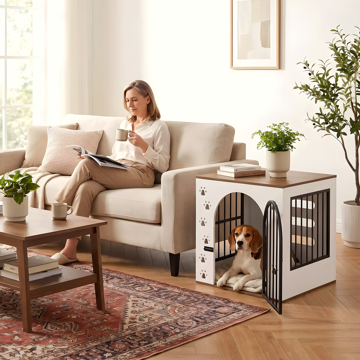 Cage-niche en bois blanc avec 2 gamelles inox