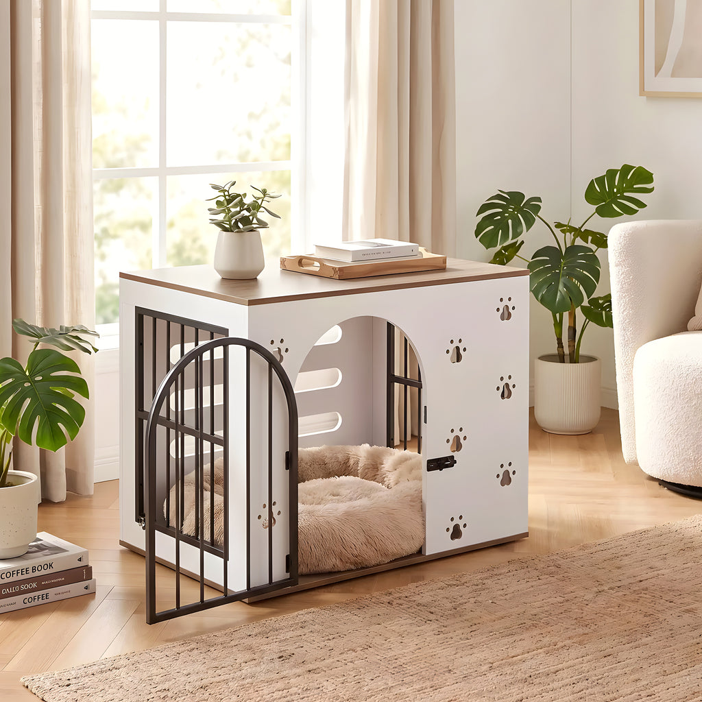 Cage-niche en bois blanc avec 2 gamelles inox