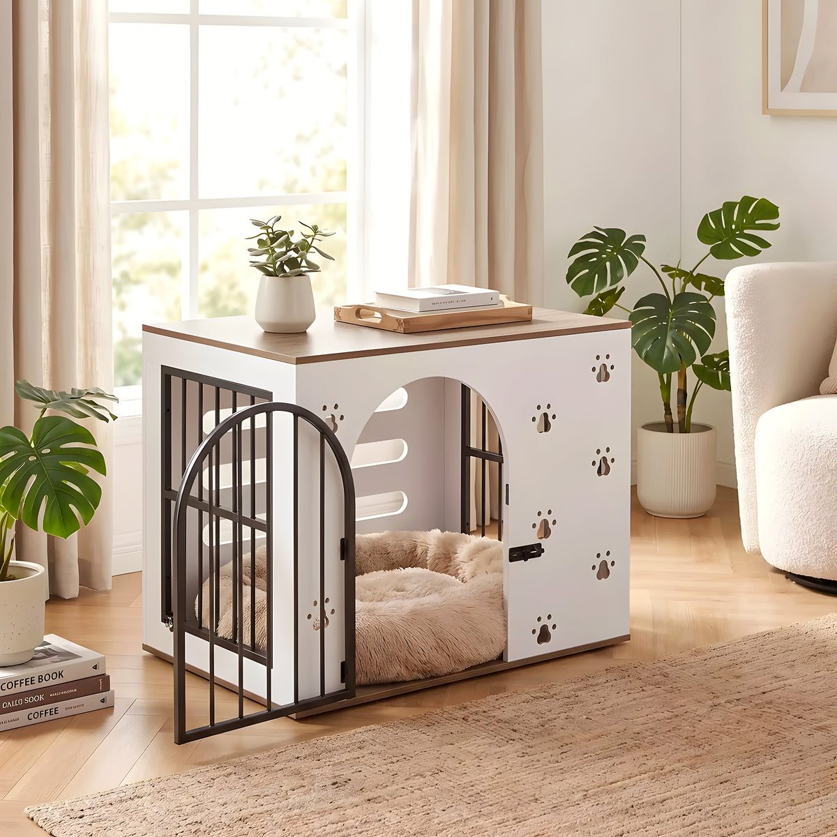 Cage-niche en bois blanc avec 2 gamelles inox