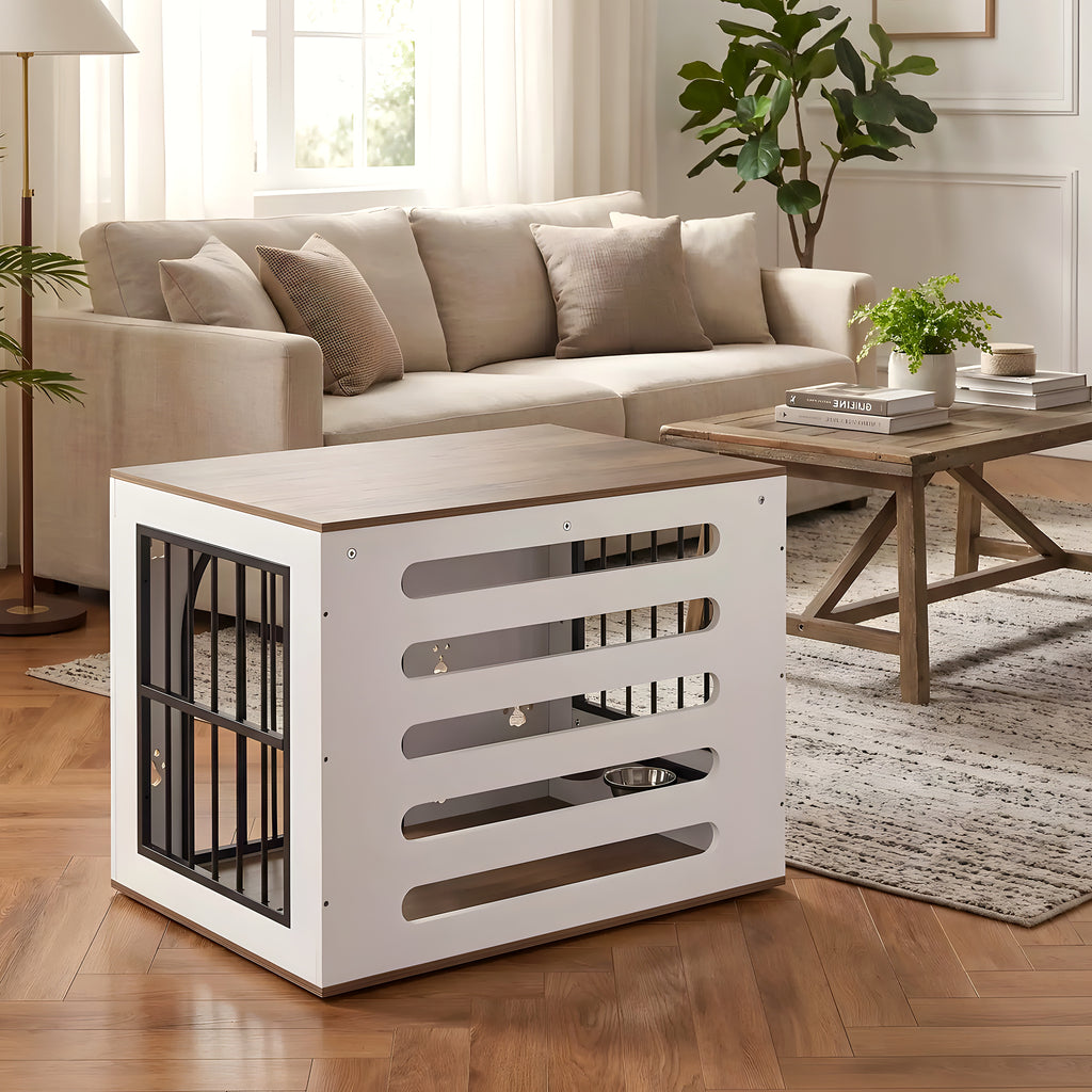 Cage-niche en bois blanc avec 2 gamelles inox