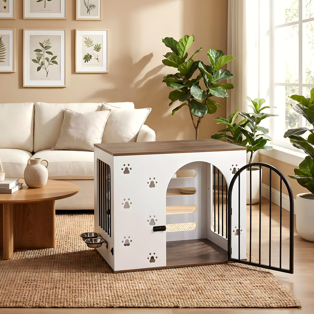 Cage-niche en bois blanc avec 2 gamelles inox