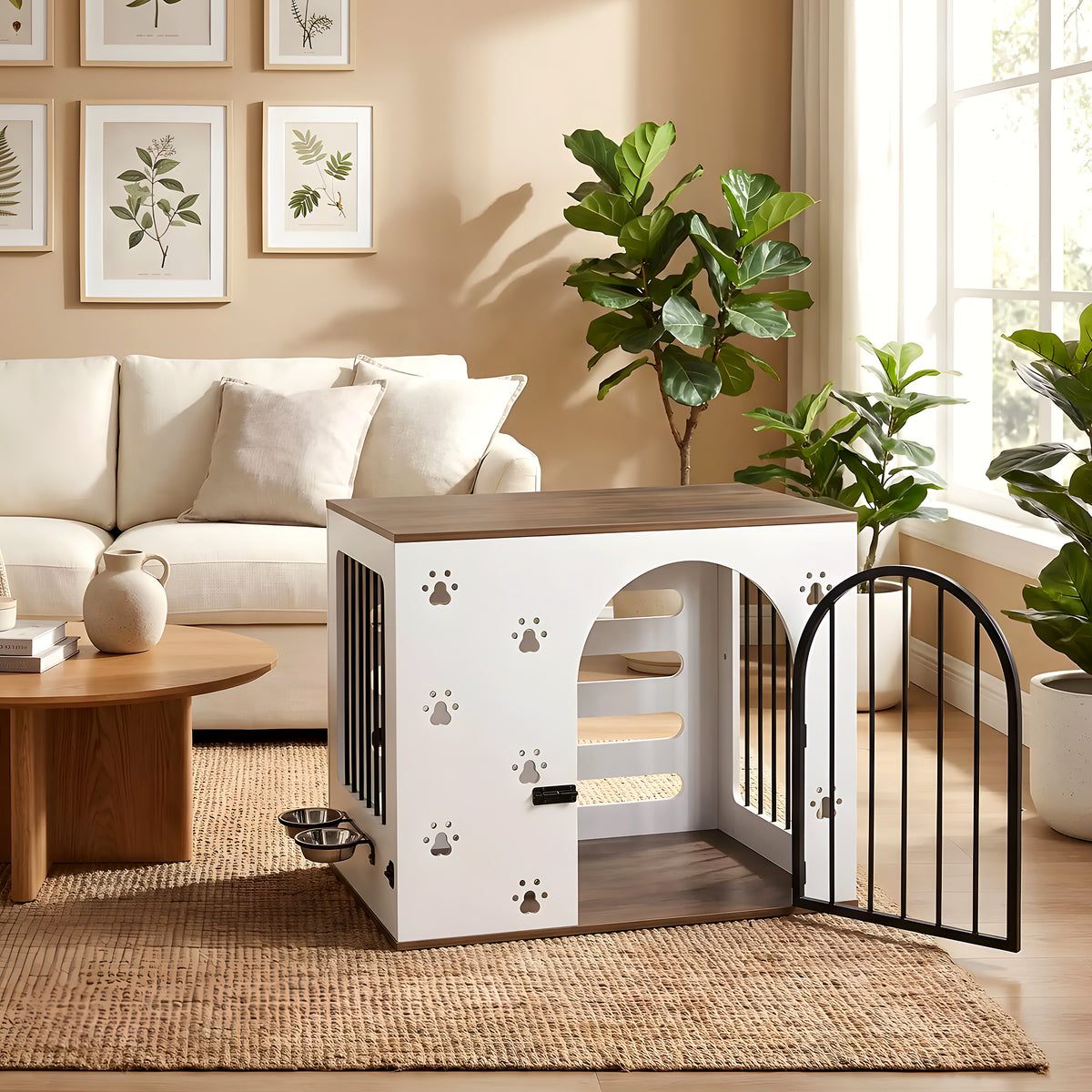 Cage-niche en bois blanc avec 2 gamelles inox