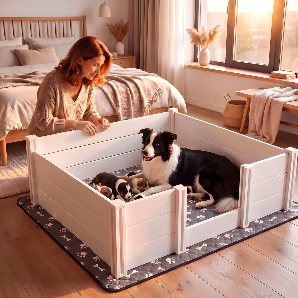 Caisse de mise bas pour chienne avec tapis absorbant