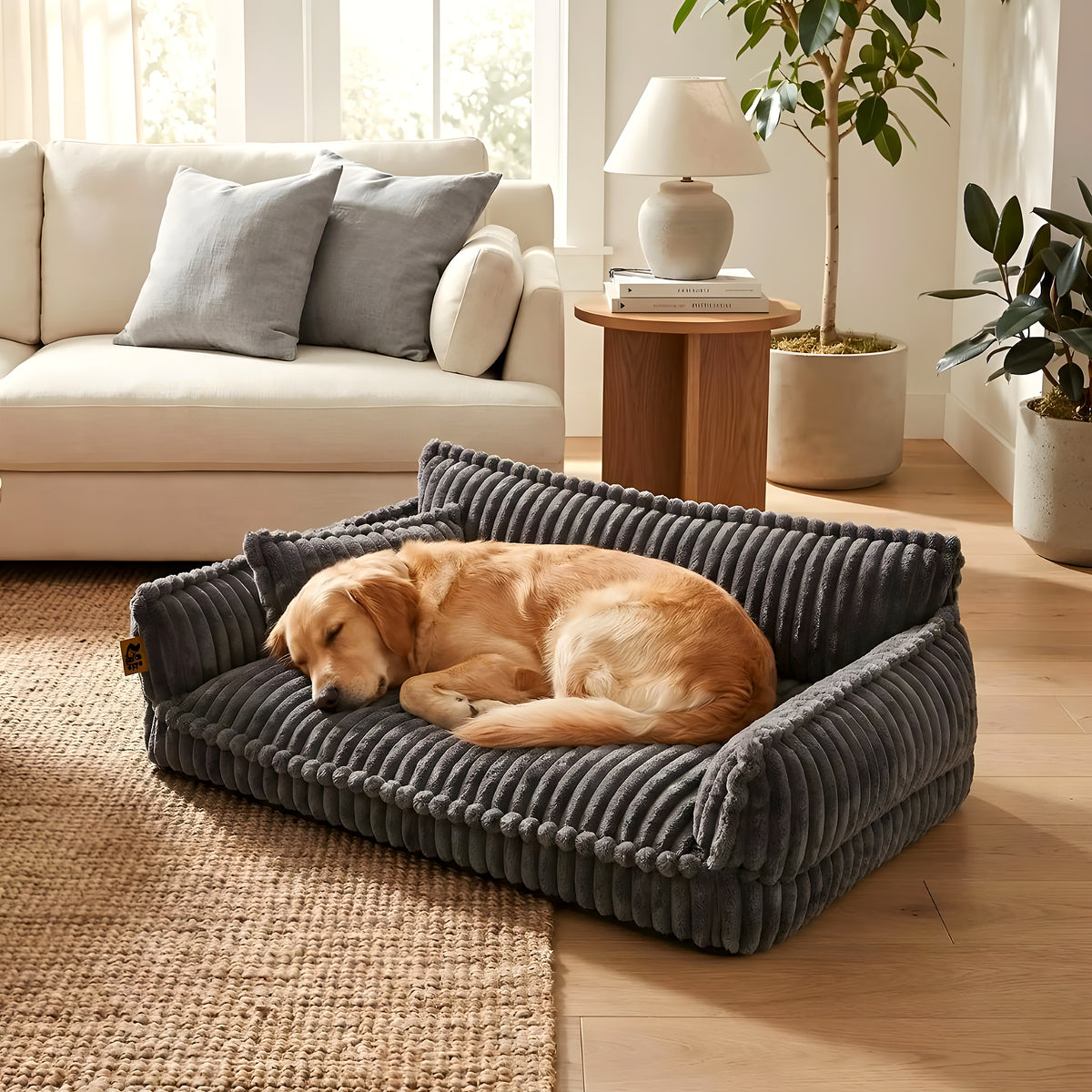 Canapé à mémoire de forme en velours côtelé pour chien, S à XL