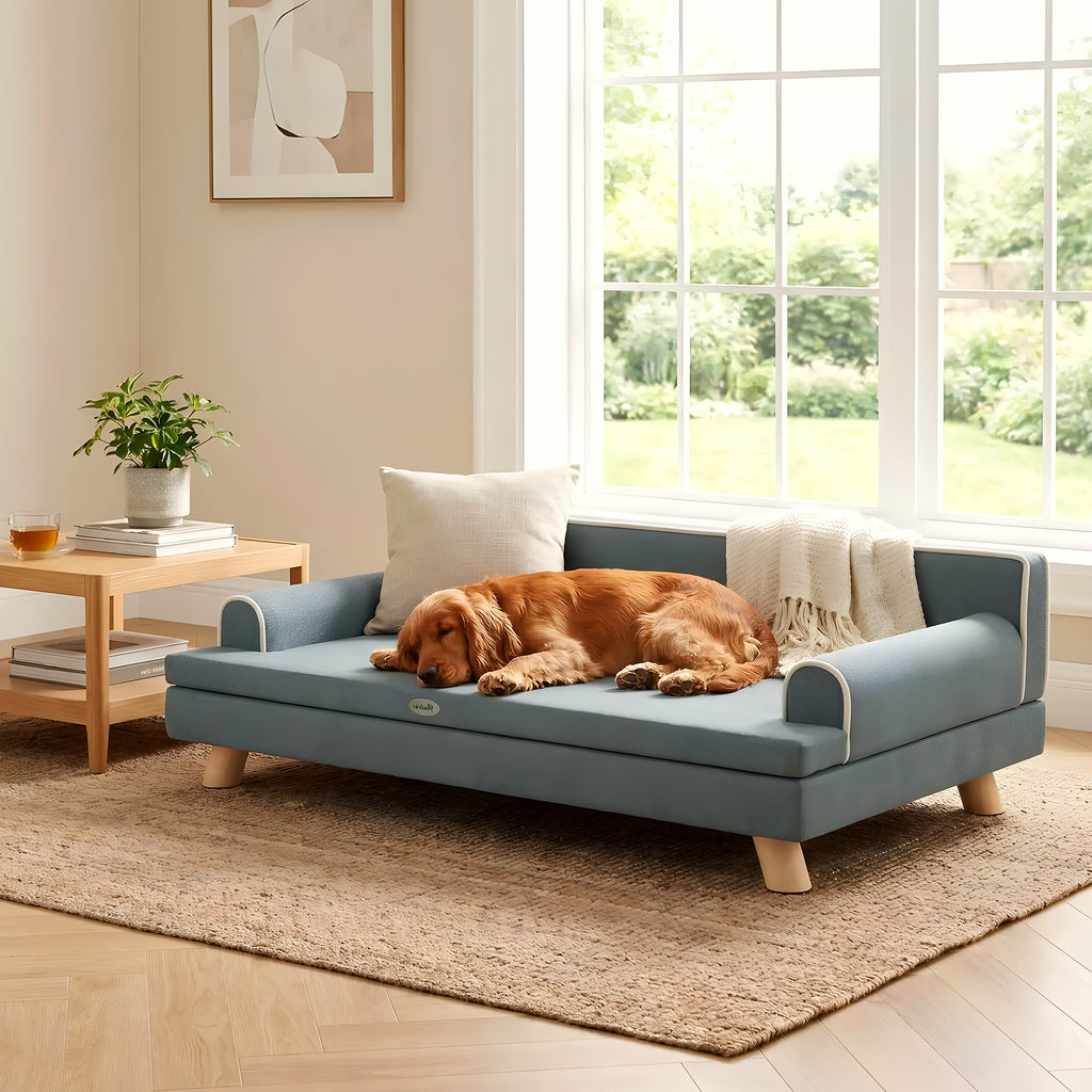 Canapé banquette sur pieds en velours gris pour chien