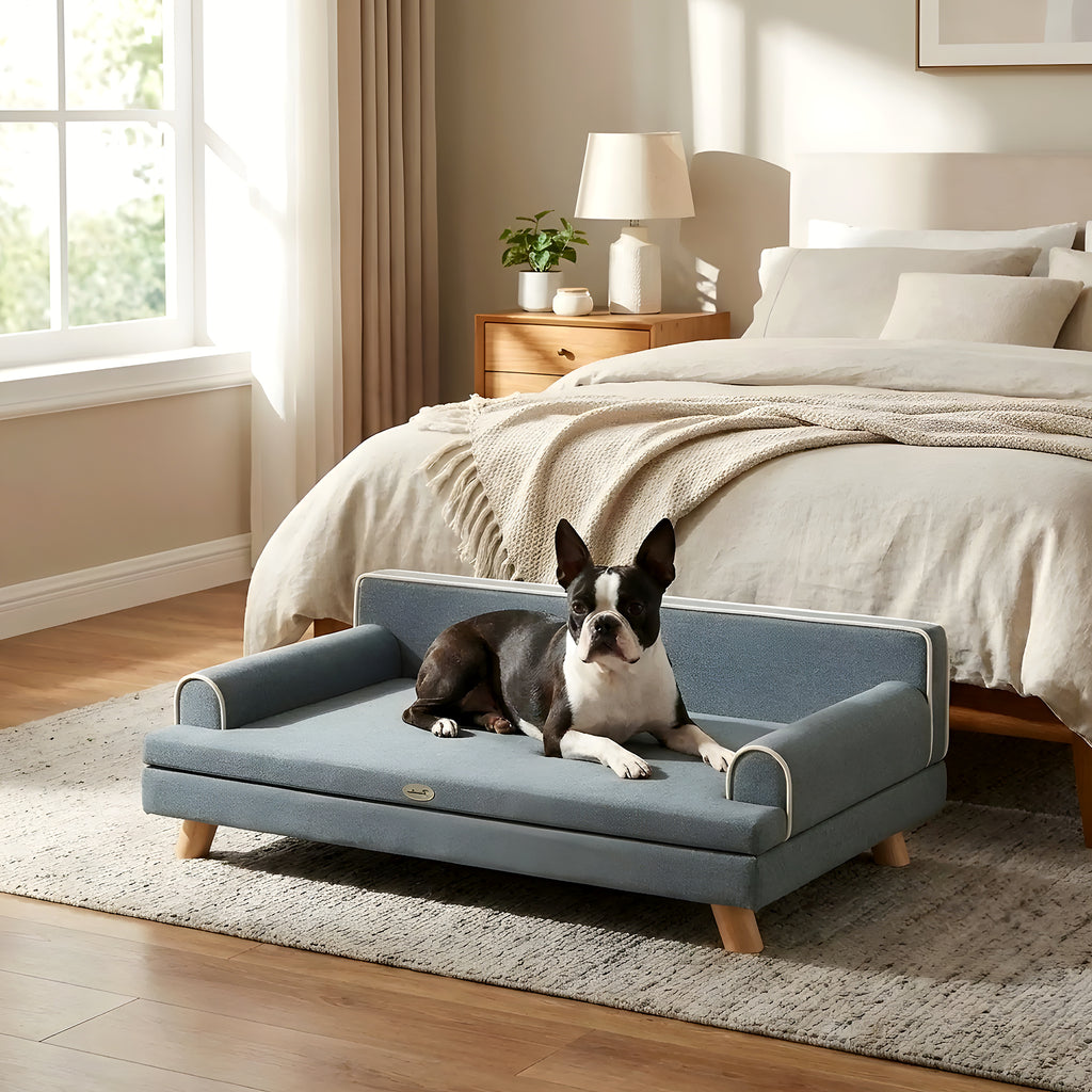 Canapé banquette sur pieds en velours gris pour chien