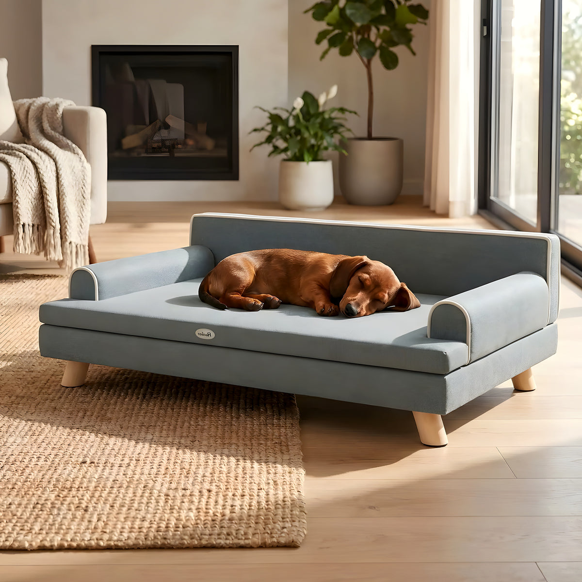 Canapé banquette sur pieds en velours gris pour chien