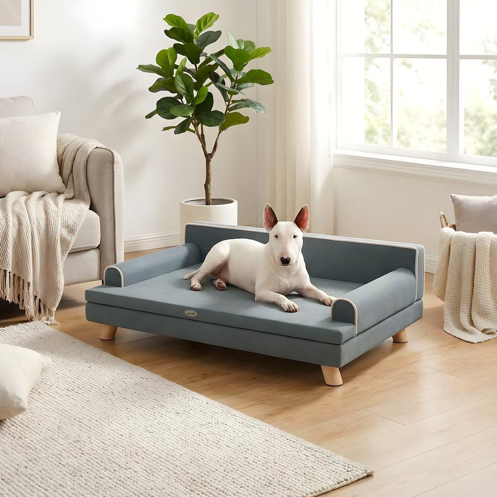 Canapé banquette sur pieds en velours gris pour chien