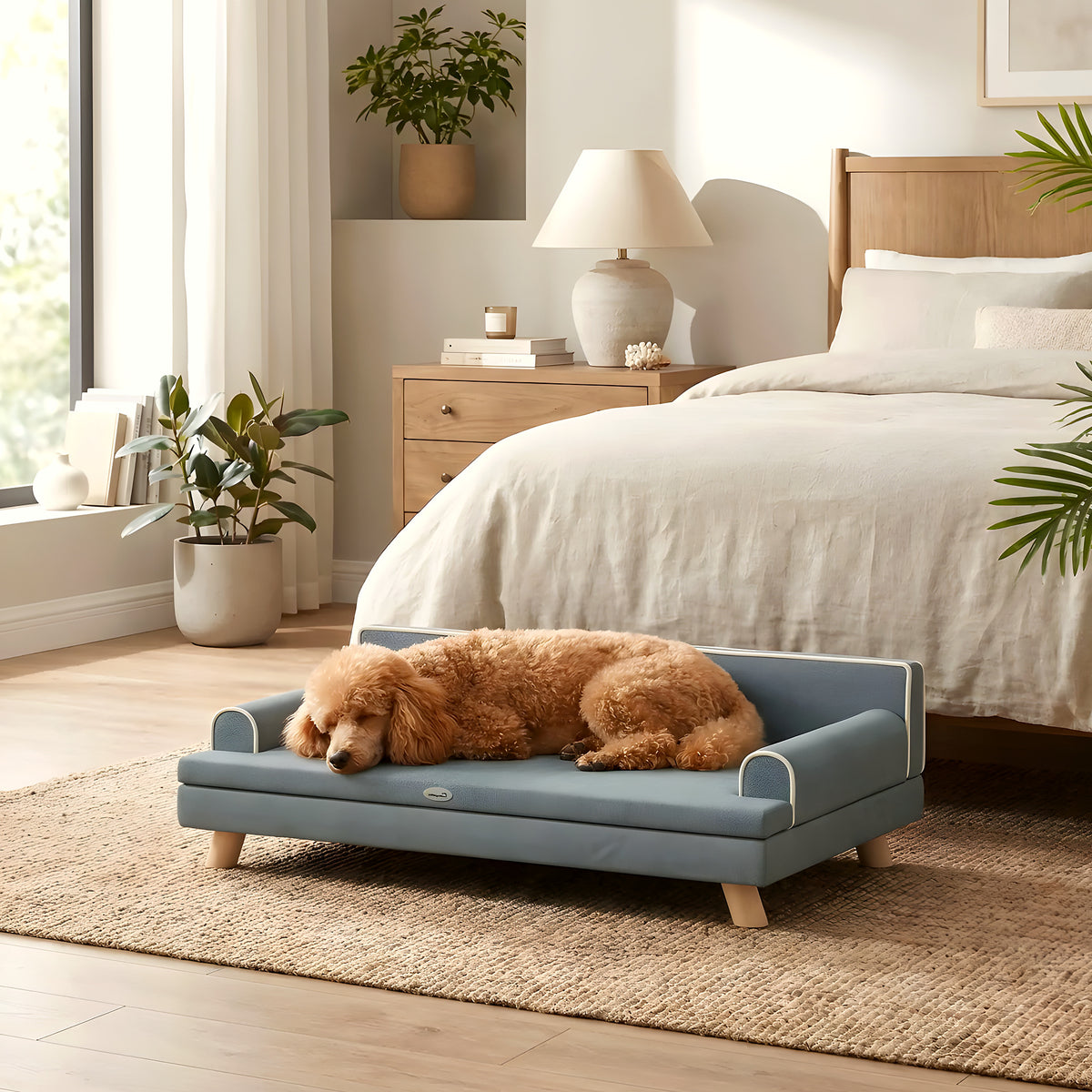 Canapé banquette sur pieds en velours gris pour chien