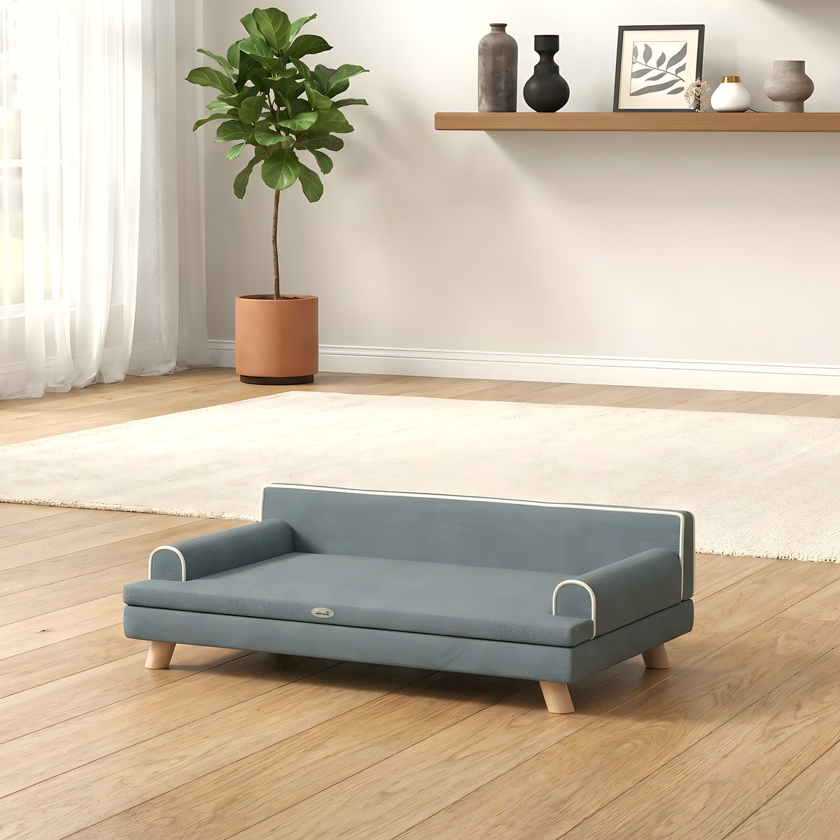 Canapé banquette sur pieds en velours gris pour chien