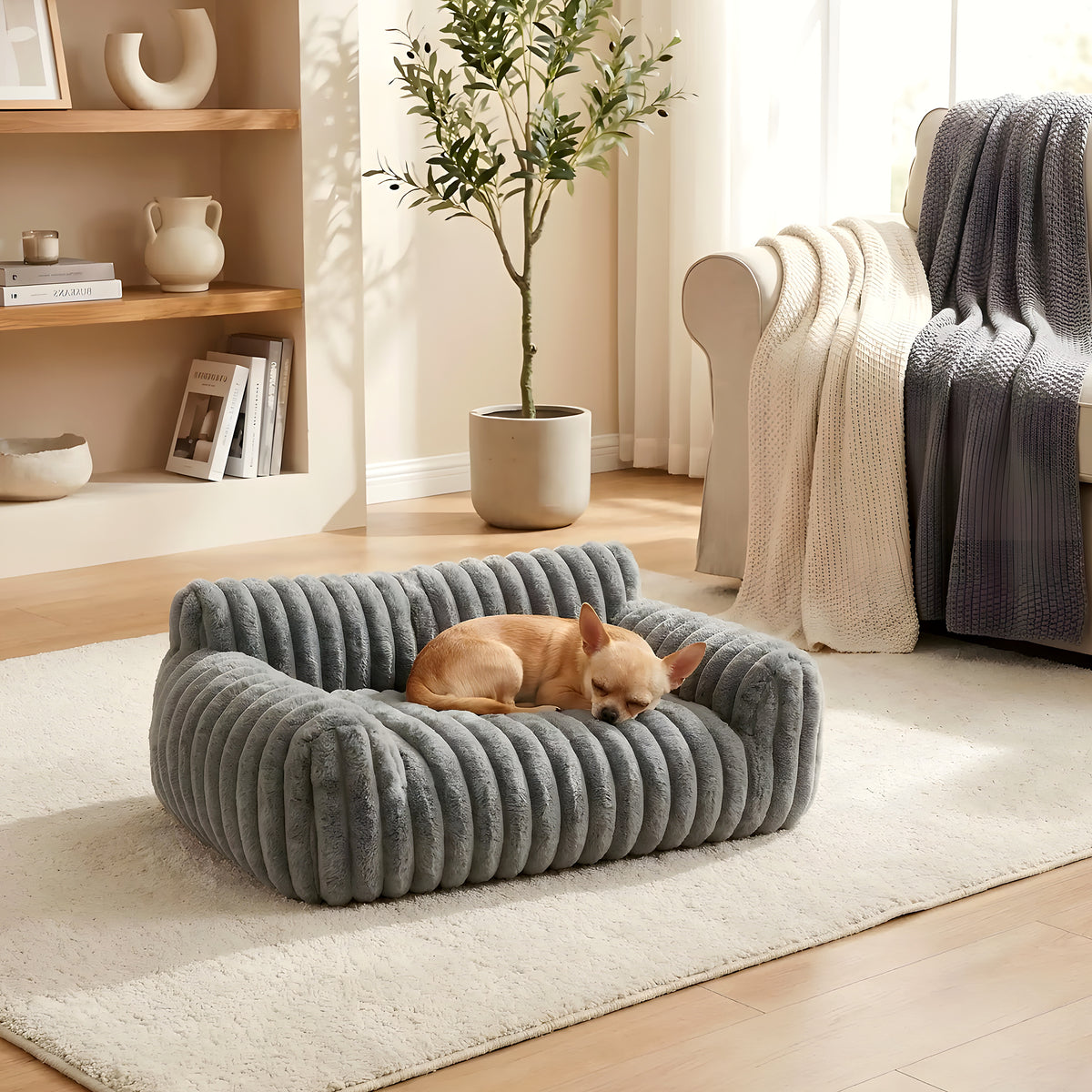 Canapé en peluche pour petit chien, gris ou crème