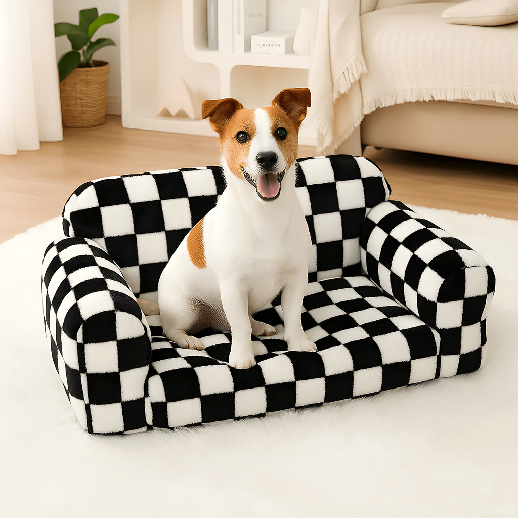 Canapé en velours damier noir et blanc pour chien