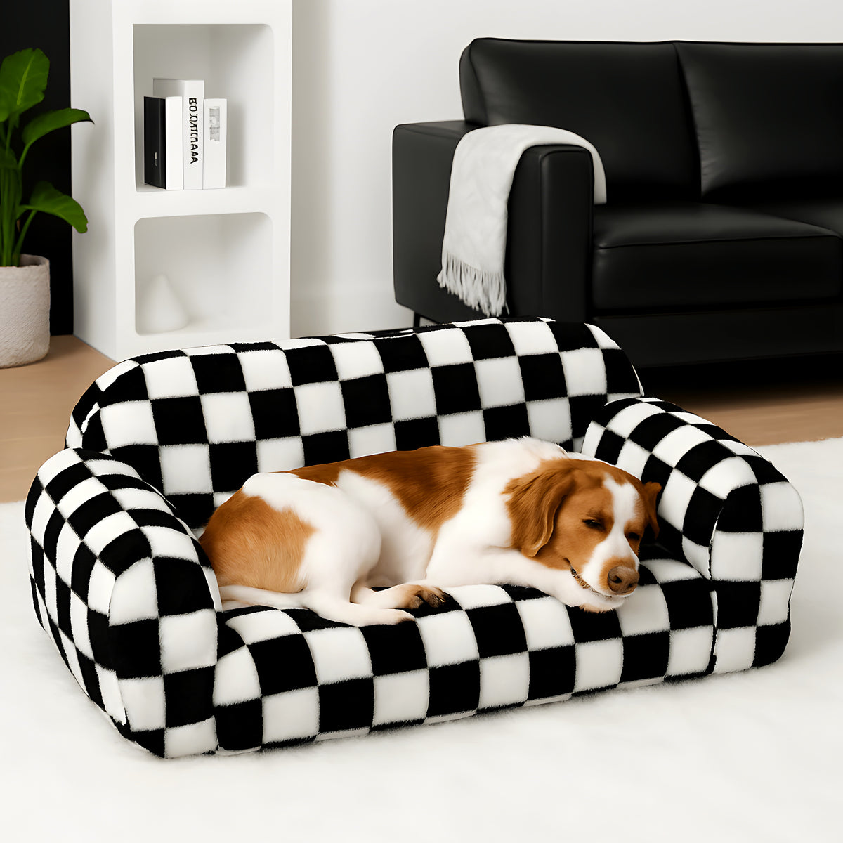 Canapé en velours damier noir et blanc pour chien