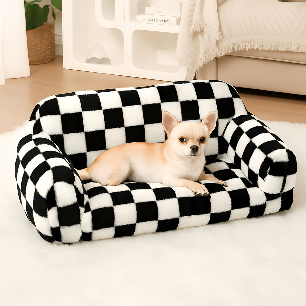 Canapé en velours damier noir et blanc pour chien