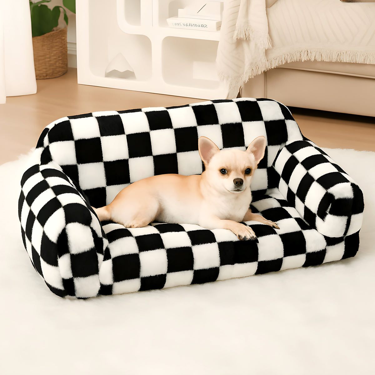 Canapé en velours damier noir et blanc pour chien