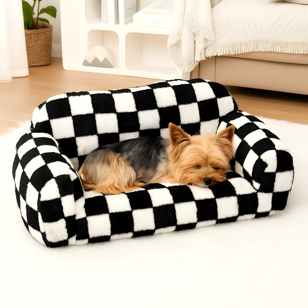 Canapé en velours damier noir et blanc pour chien