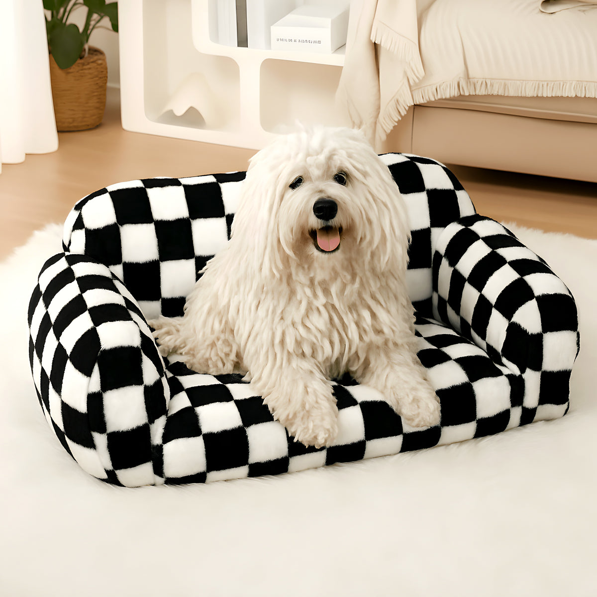 Canapé en velours damier noir et blanc pour chien
