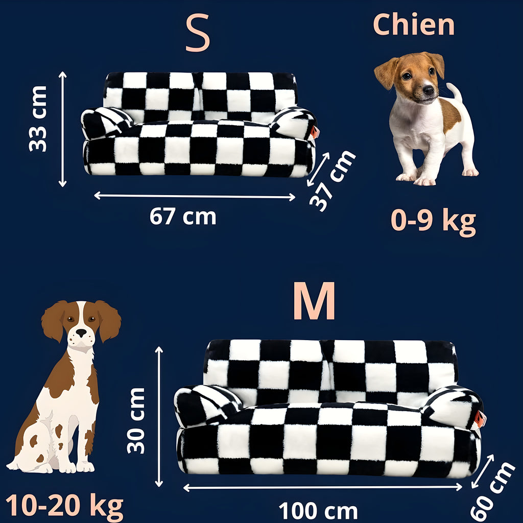 Canapé en velours damier noir et blanc pour chien