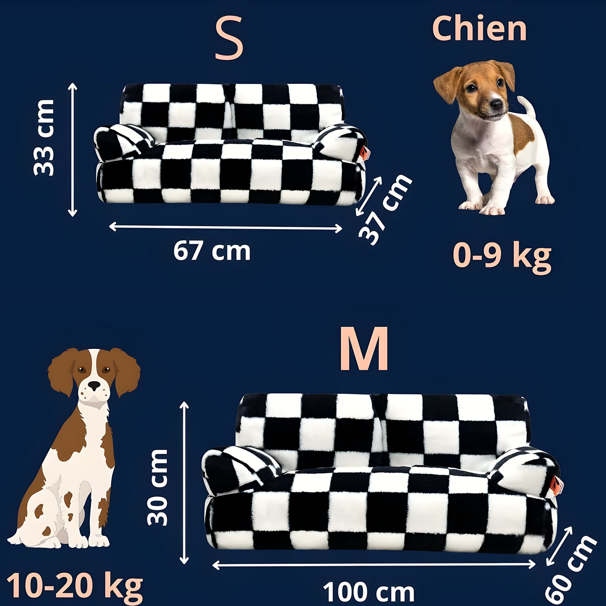 Canapé en velours damier noir et blanc pour chien