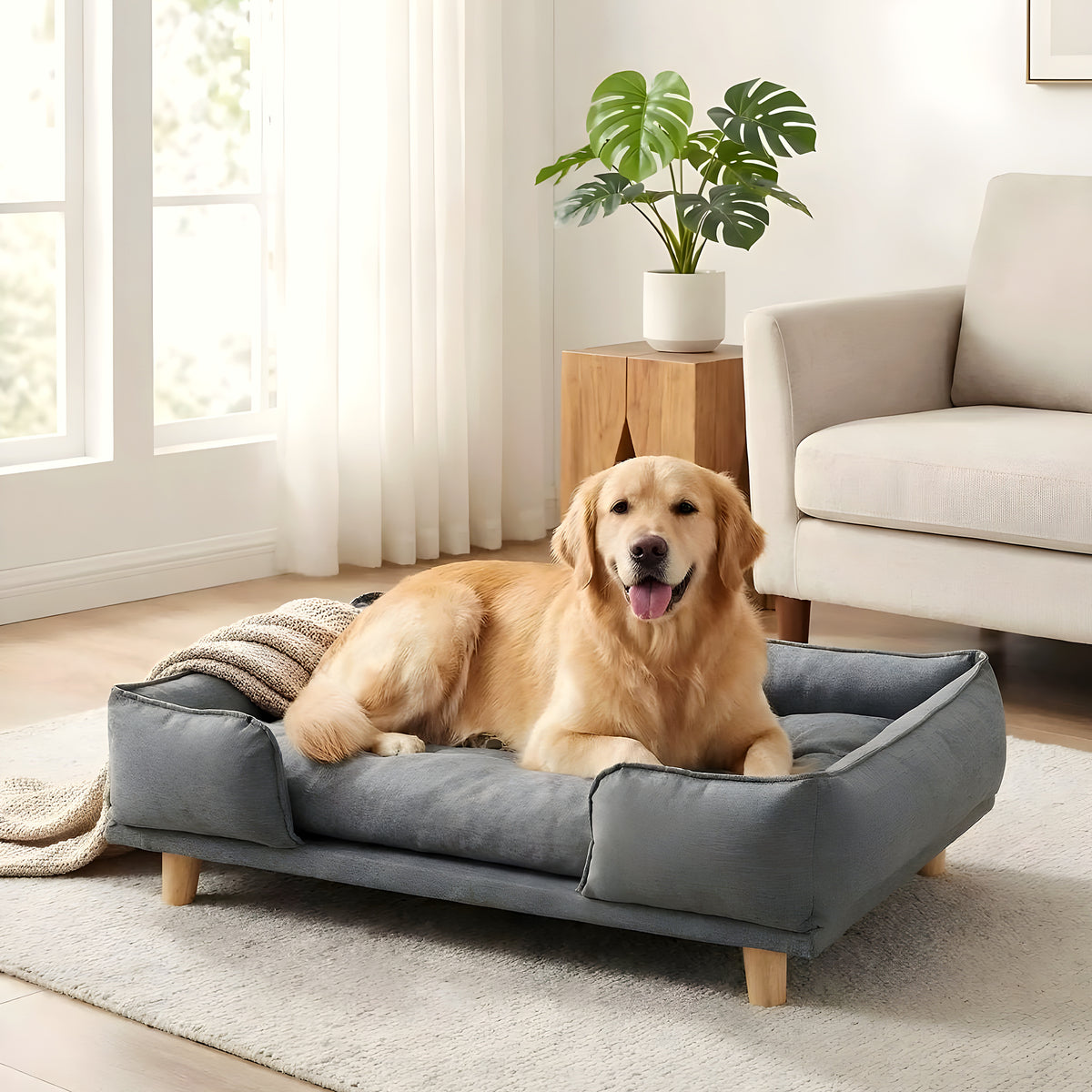 Canapé lit sur pieds en bois avec coussin pour chien