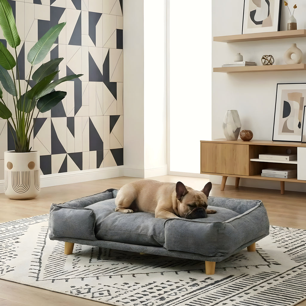 Canapé lit sur pieds en bois avec coussin pour chien