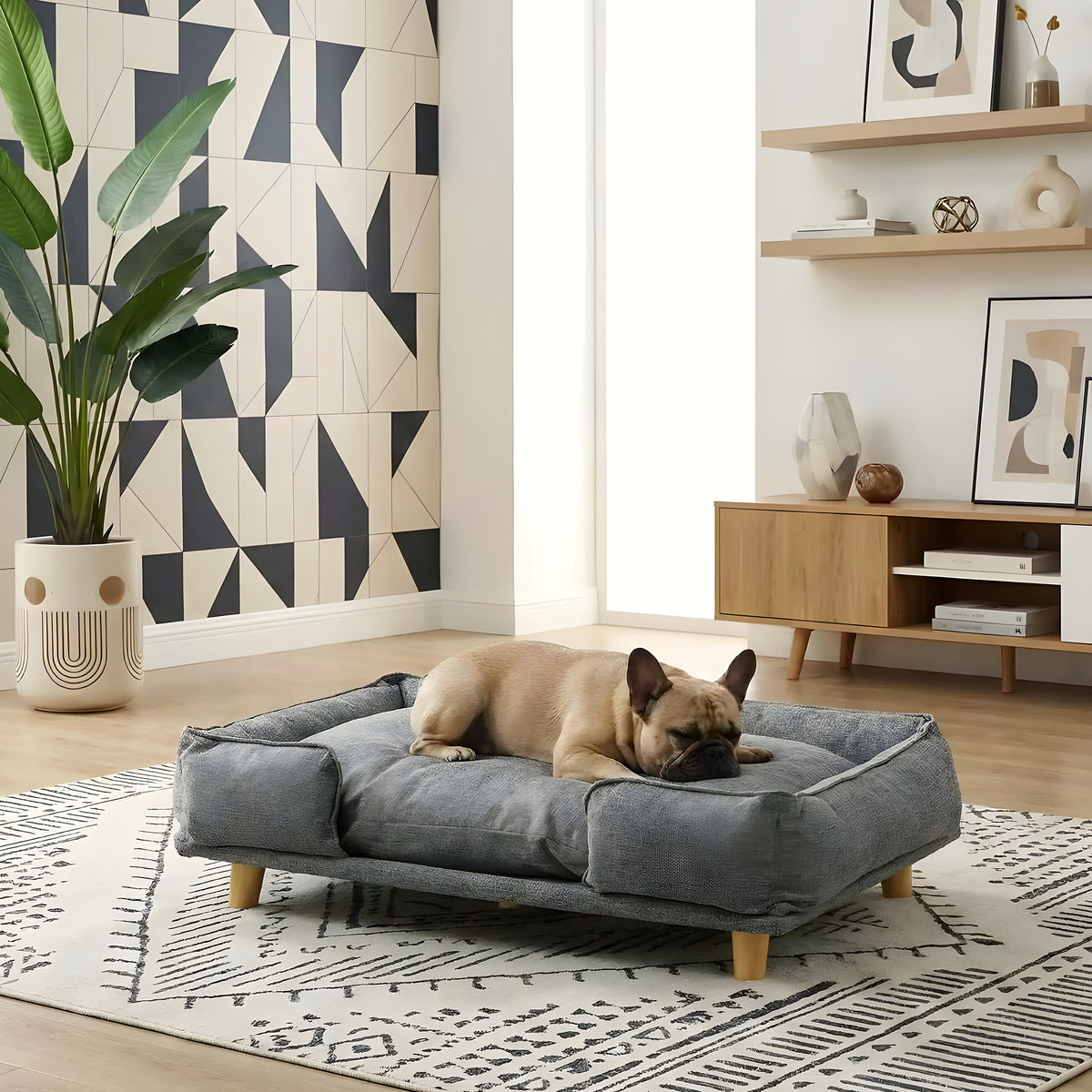 Canapé lit sur pieds en bois avec coussin pour chien