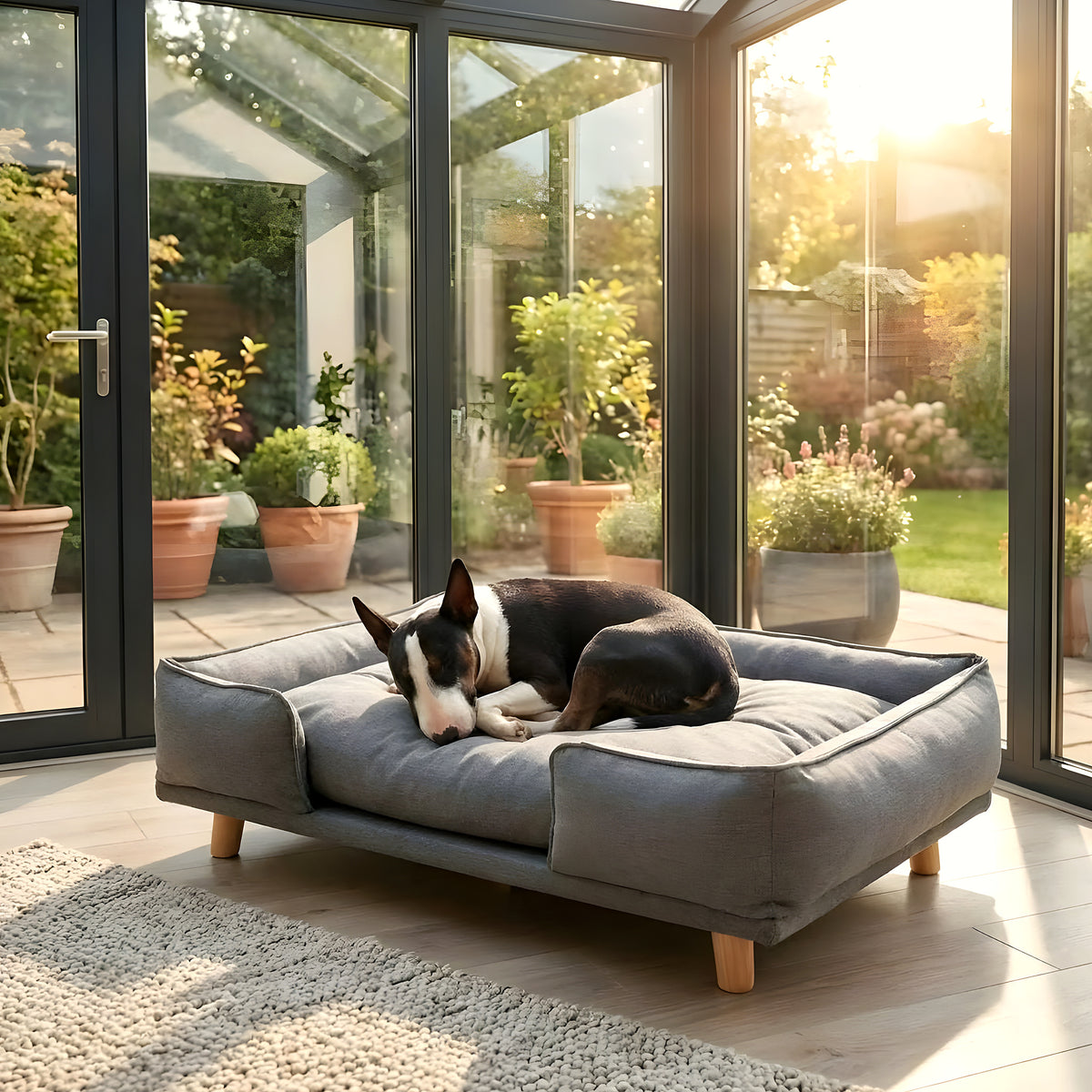 Canapé lit sur pieds en bois avec coussin pour chien