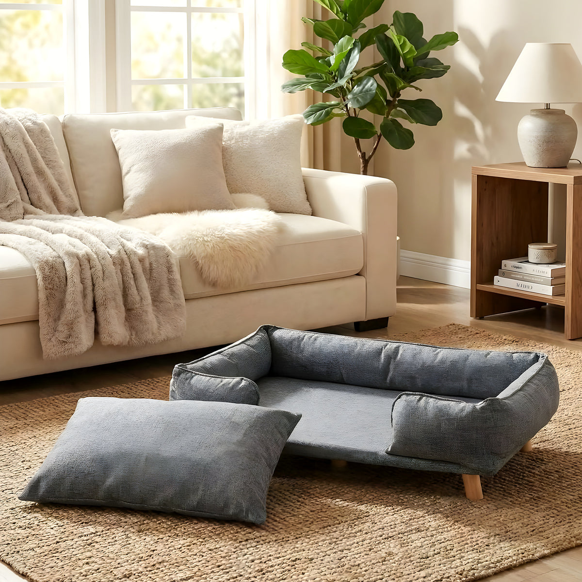 Canapé lit sur pieds en bois avec coussin pour chien