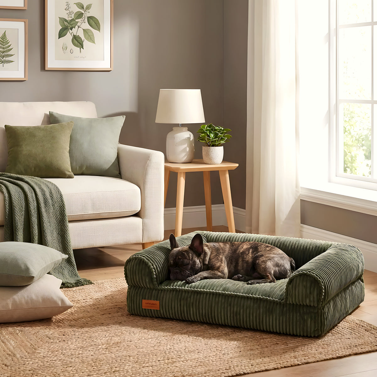 Canapé-lit vert olive en velours pour chien