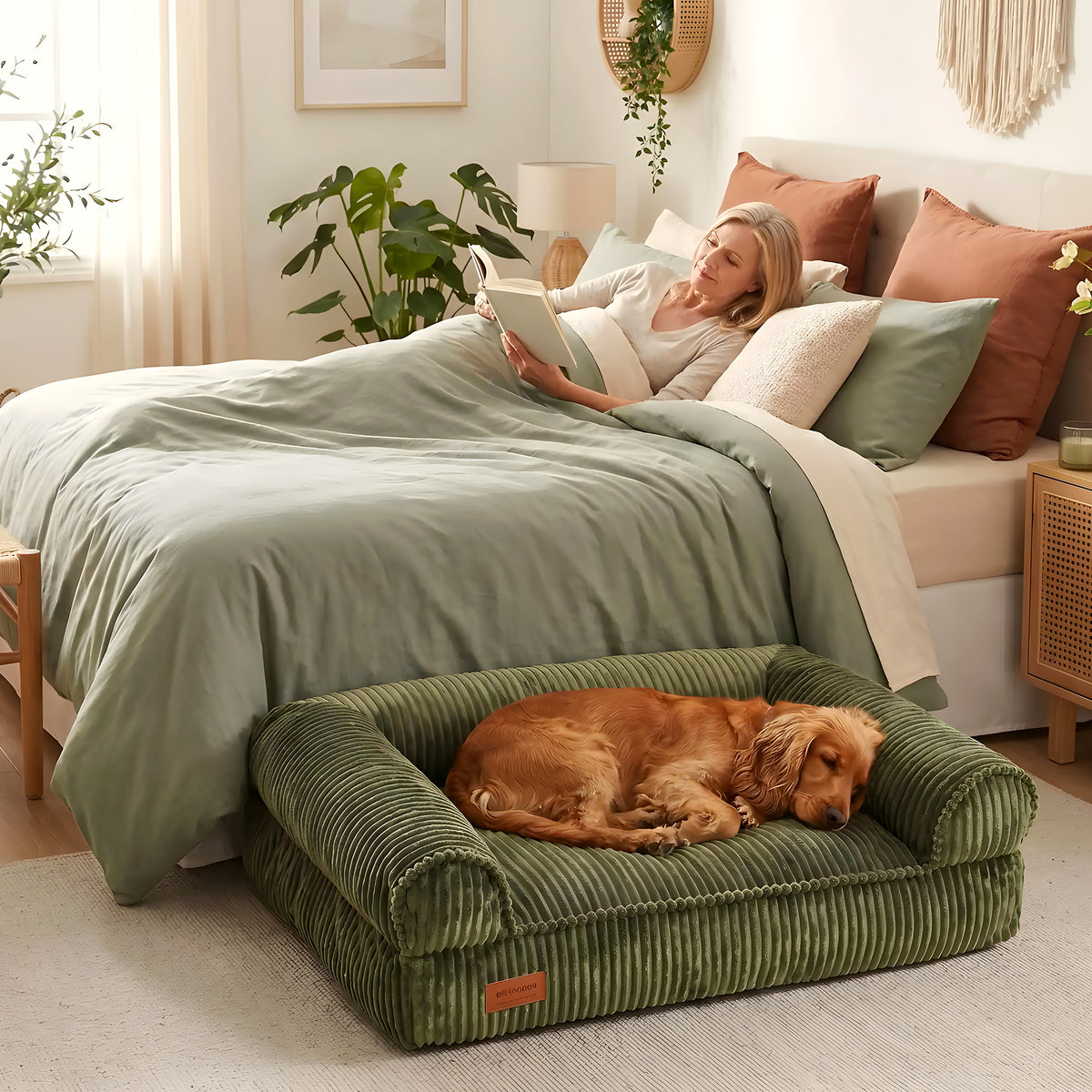Canapé-lit vert olive en velours pour chien