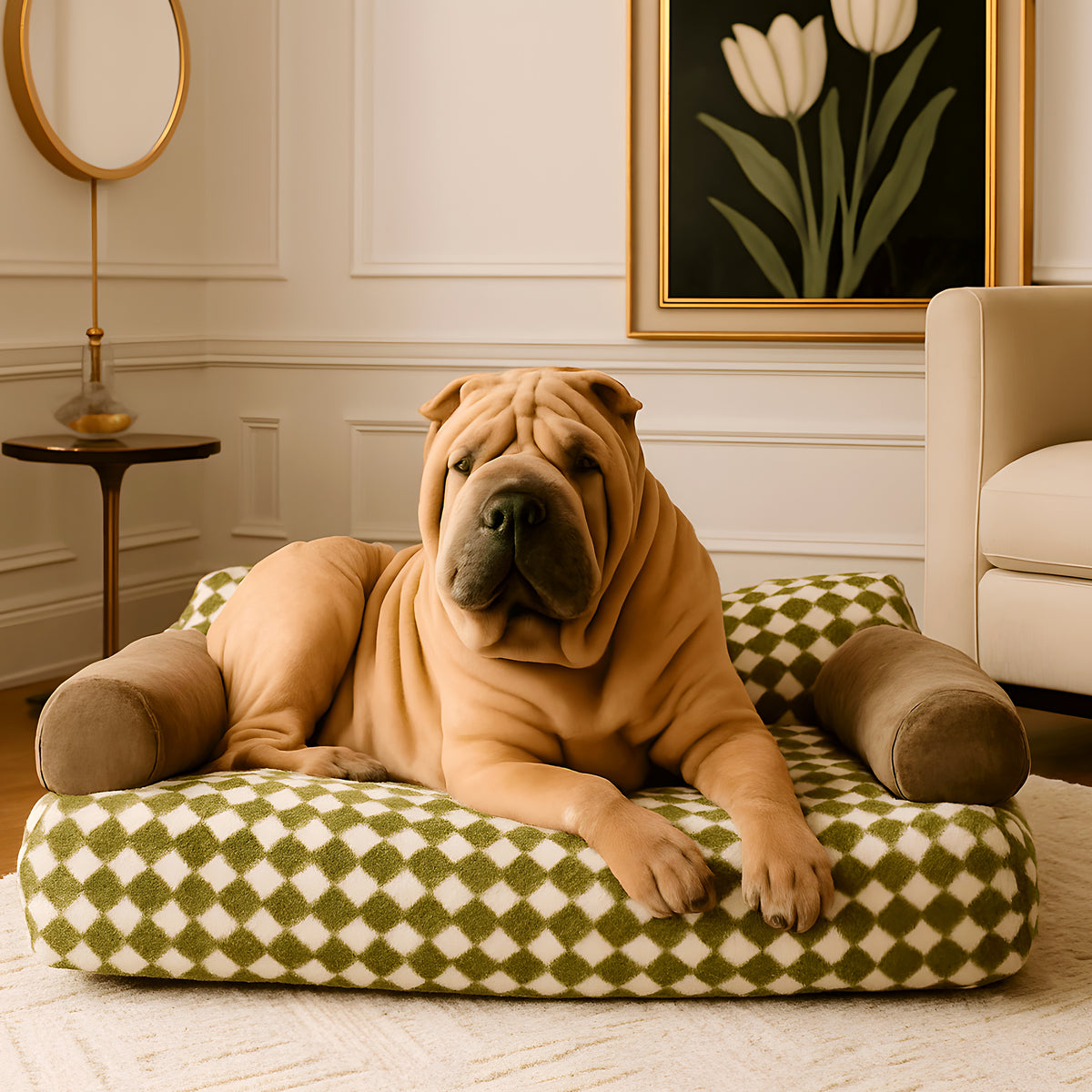 Canapé rétro en velours vert ou marron pour chien
