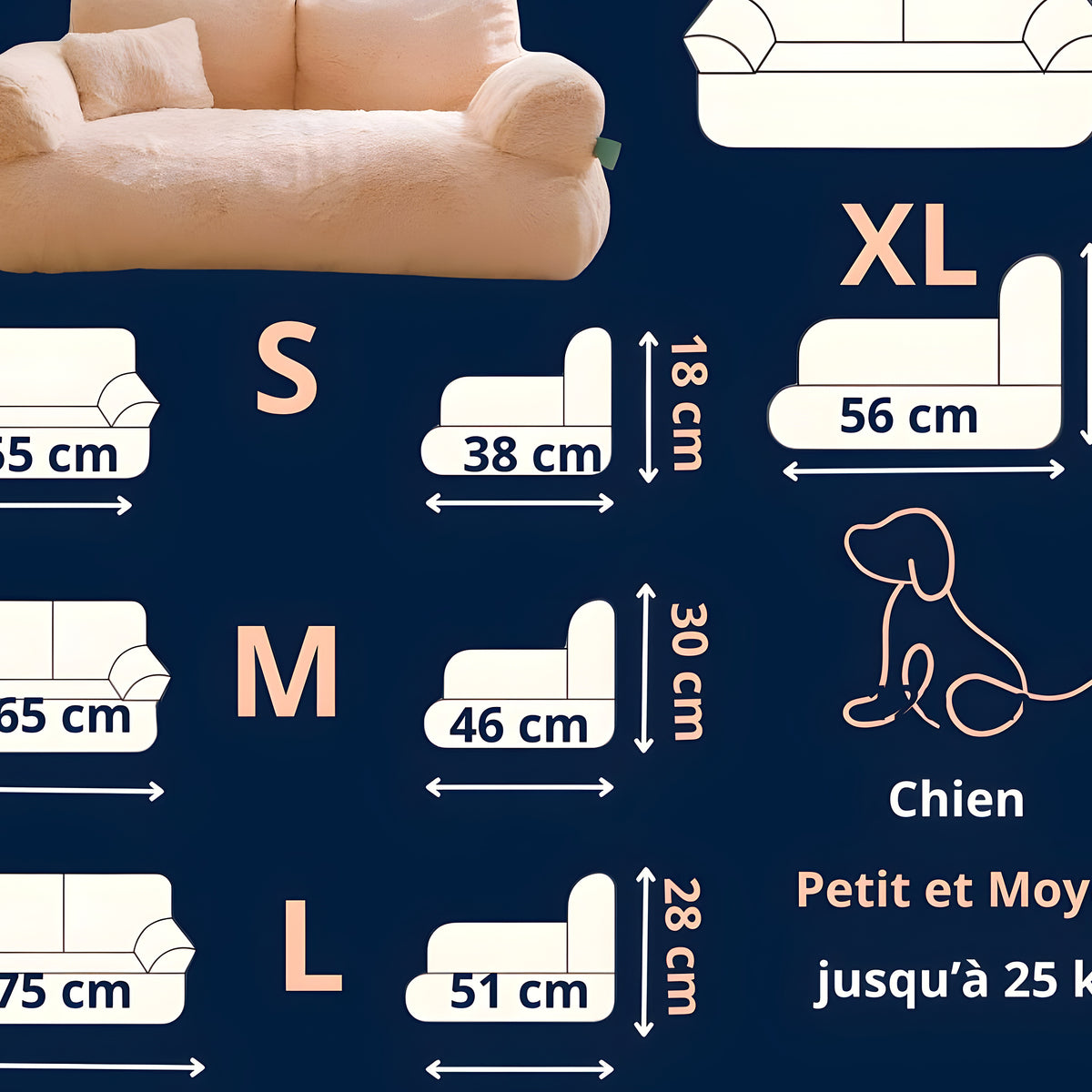 Canapé semi-fermé en velours pour chien, S à XL
