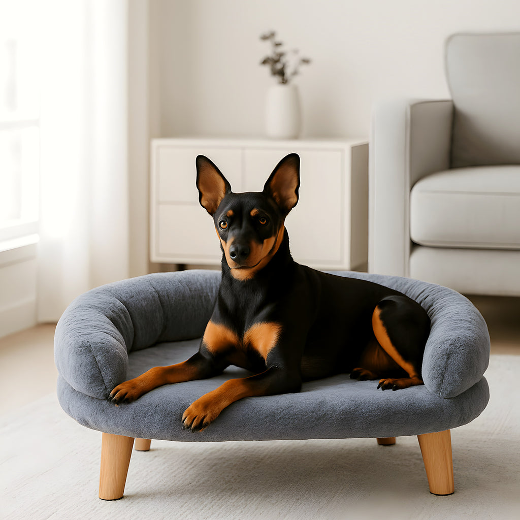 Canapé sur pieds en bois naturel et velours pour mini chien