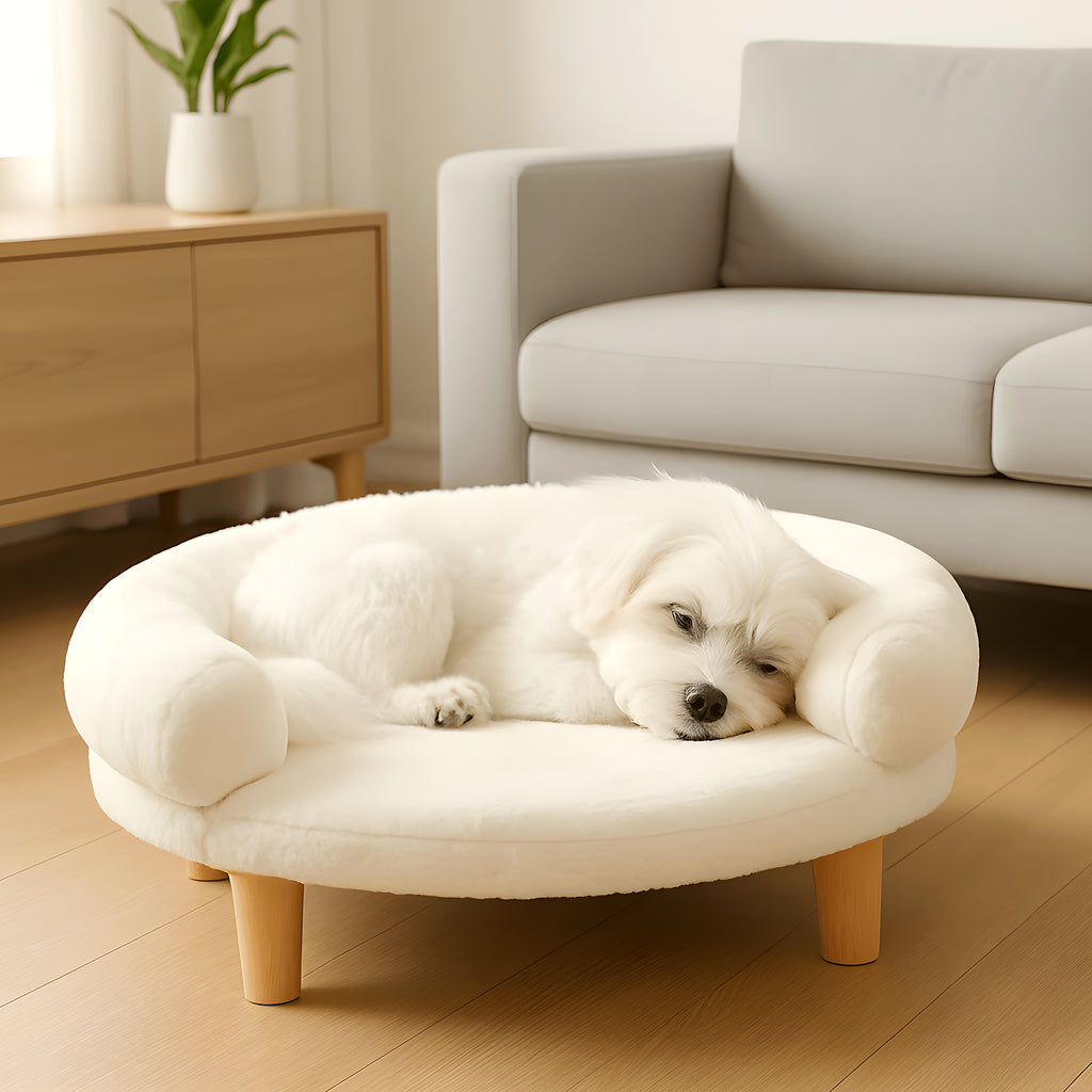Canapé sur pieds en bois naturel et velours pour mini chien