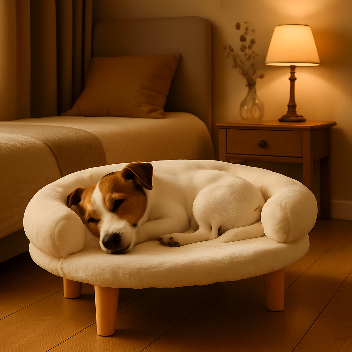 Canapé sur pieds en bois naturel et velours pour mini chien