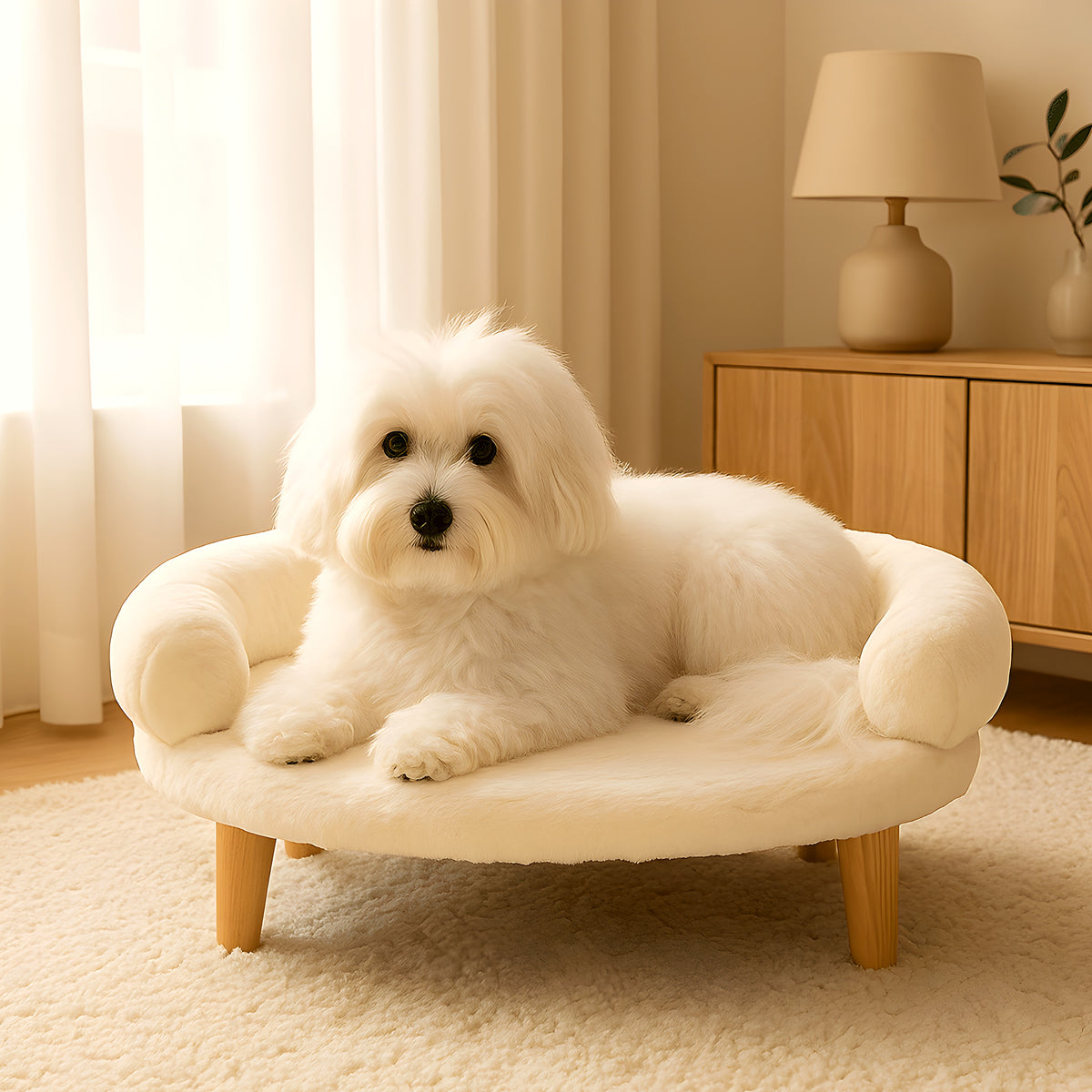Canapé sur pieds en bois naturel et velours pour mini chien