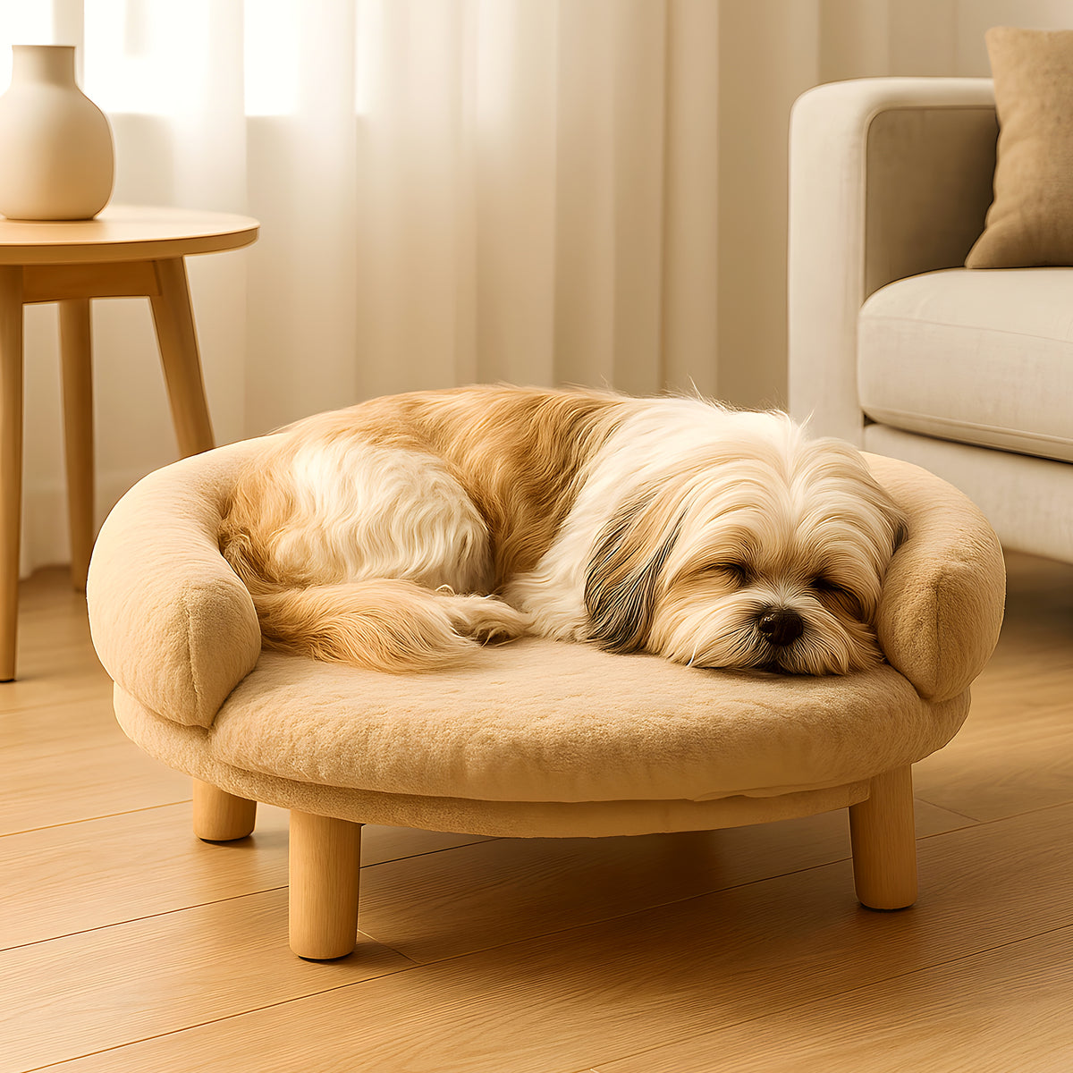 Canapé sur pieds en bois naturel et velours pour mini chien