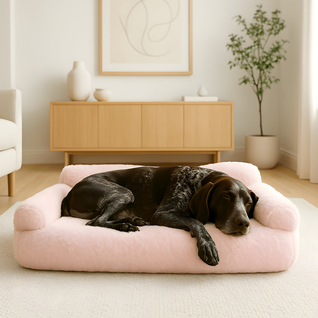 Canapé surélevé en velours blanc ou rose pour chien
