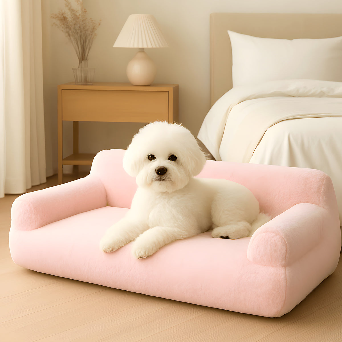 Canapé surélevé en velours blanc ou rose pour chien