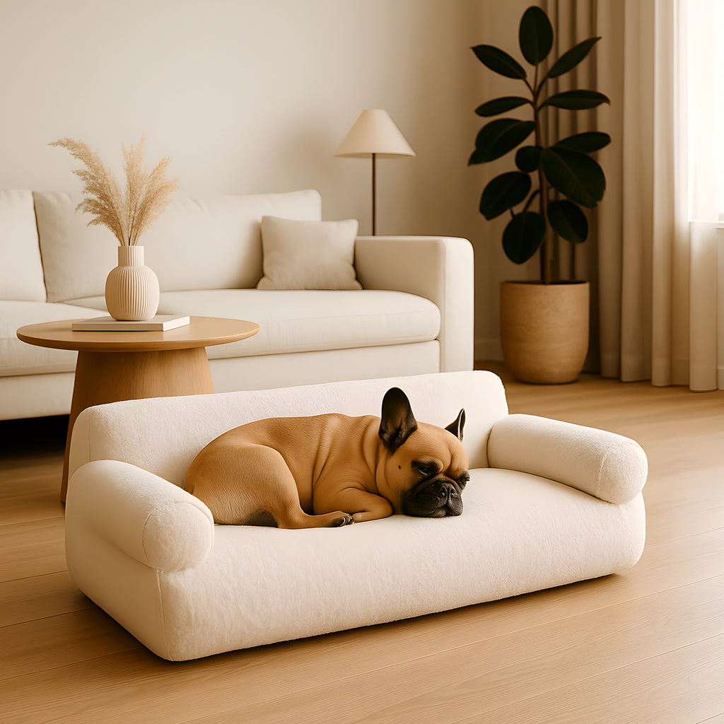 Canapé surélevé en velours blanc ou rose pour chien