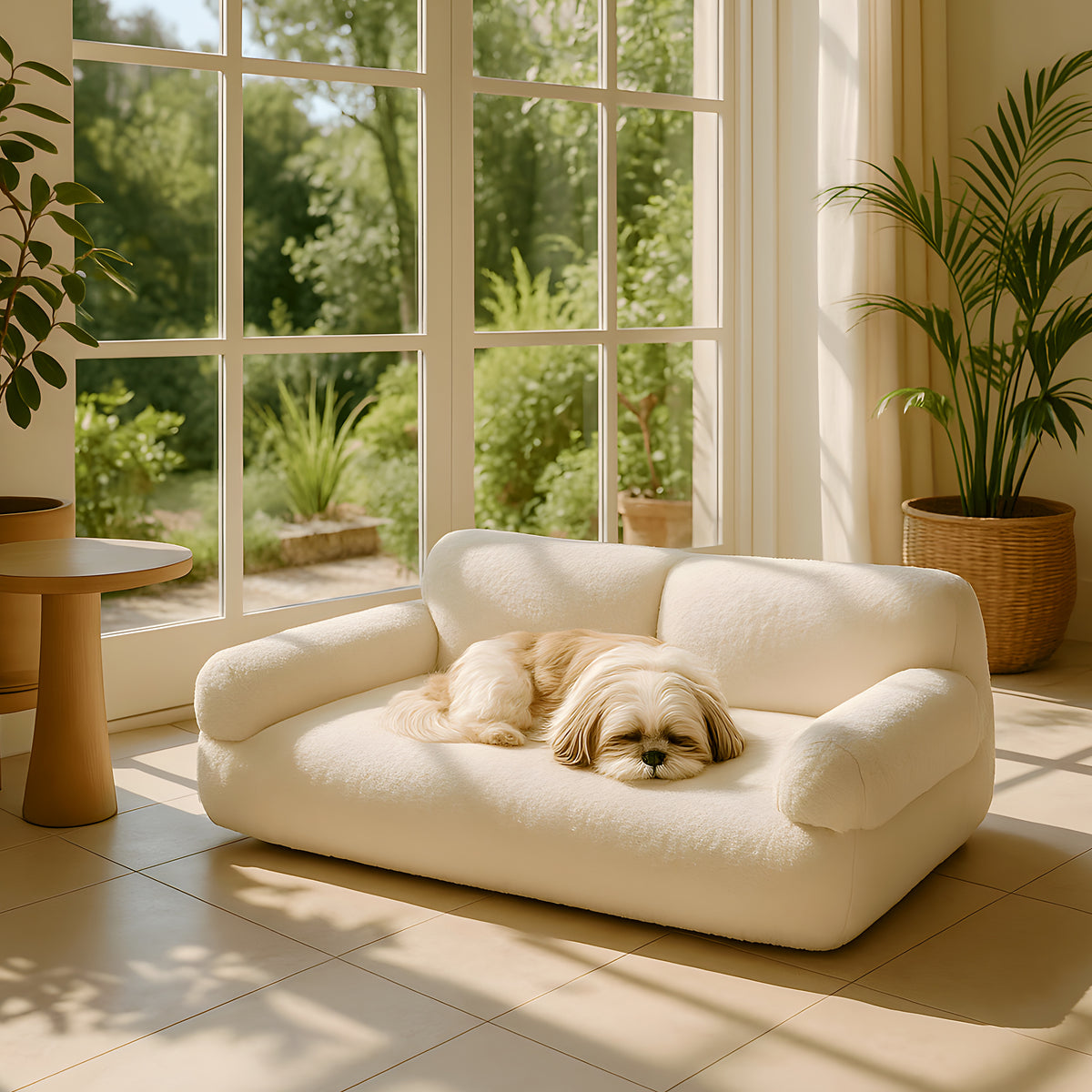 Canapé surélevé en velours blanc ou rose pour chien