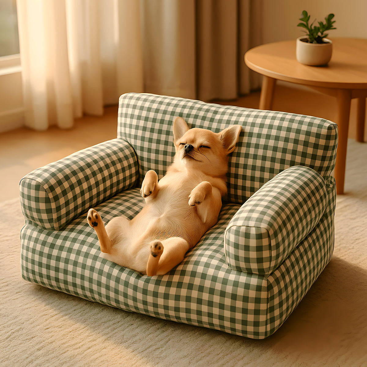 Canapé vichy vert et blanc 100 % coton pour petit chien