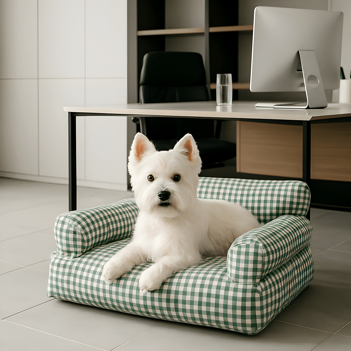 Canapé vichy vert et blanc 100 % coton pour petit chien