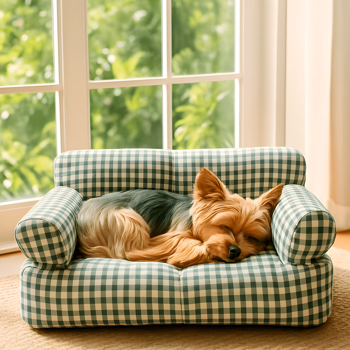 Canapé vichy vert et blanc 100 % coton pour petit chien